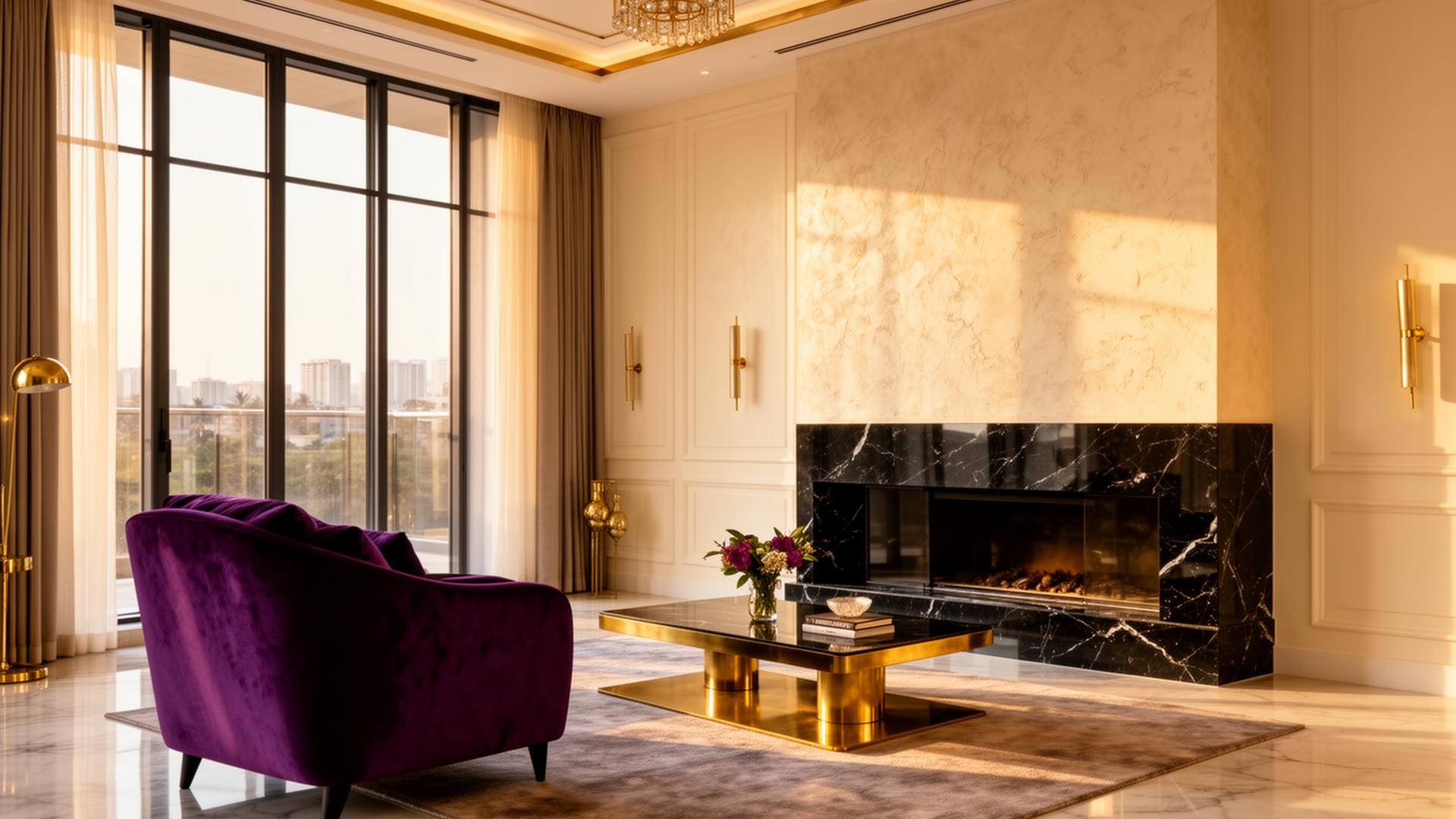 Luxury interior with deep purple velvet armchair and black marble fireplace